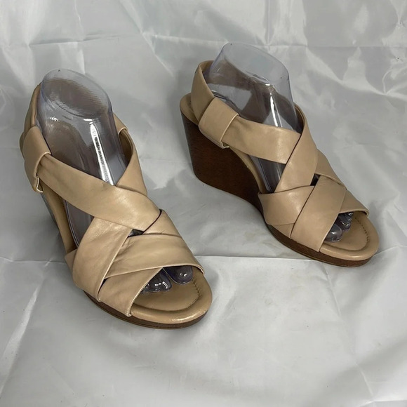 COLE HANN Crisscross Tan Open Toe Wedge Shoes Nike Air Technology Leather 9.5 - Picture 12 of 12